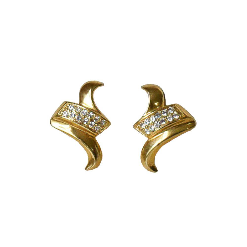 Givenchy Gold Plated White Rhinestones Vtg Zig Zag 1980s Geometric Clip Earrings